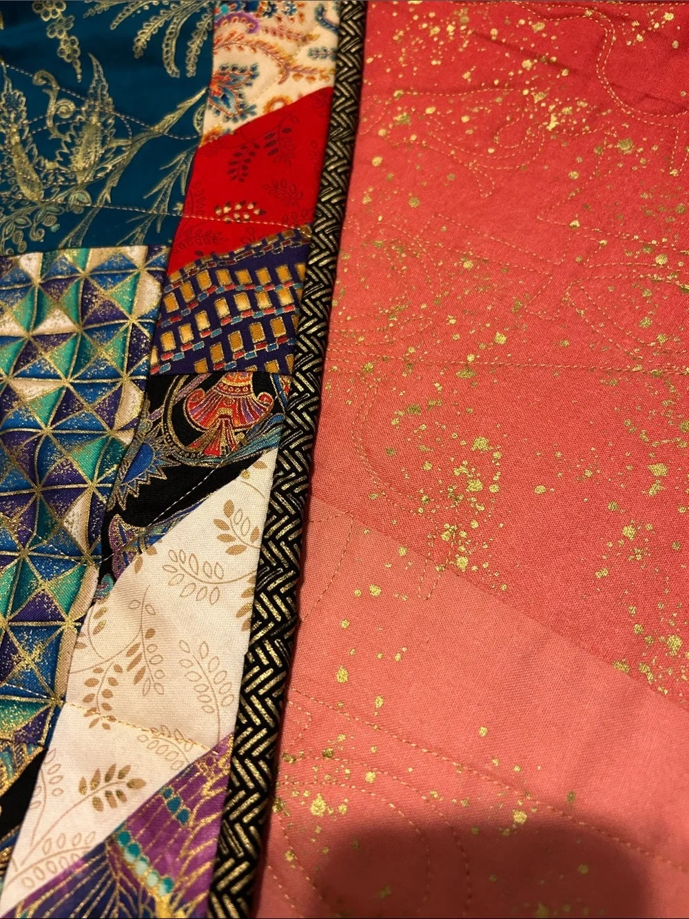 ONE OF A KIND- HANDCRAFTED Quilt W/Pharaoh Stiches, Multicolor Metallic